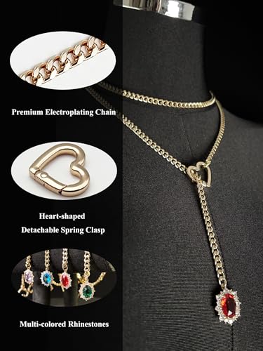Women's Heart O-Ring Slip Chain Necklace, Double Layered Adjustable 39'' Cuban Chain with Detachable Heart Clasp and Colorful Rhinestone Pendant - color: 39'' Gold-Royal Red