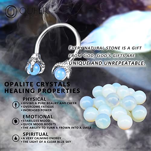 OUFER 316L Surgical Steel Circular Earrings Two White Opals Surrounded by Dragon Claws Cartilage Earing Ear Body Piercing Jewelry Helix Earrings Piercing… - color: Steel Opalite