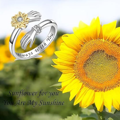 To My Daughter Hug Ring For Hope Rings, Inspirational Stainless Steel Engarved With Always With You Message Adjustable Ring for Women Non Tarnish Jewelry Gift for Her Birthday Christmas - color: Always with you-Sunflower