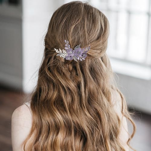 Wedding Hair Clips, Crystal Hair Pins Pearl Rhinestone Hair Barrettes, Bridal Flower Hair Pieces Pearl Headpieces Hair Accessories for Women Girls (Purple) - color: Purple