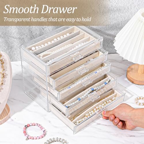 5 Drawer Acrylic Necklace Holder Organizer, Clear Stackable Jewelry Box with Adjustable Velvet Trays for Necklace, Earring, and Ring Storage Display