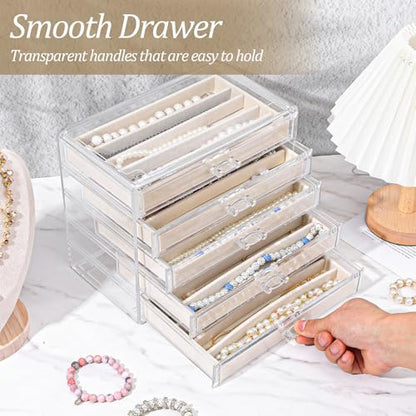 5 Drawer Acrylic Necklace Holder Organizer, Clear Stackable Jewelry Box with Adjustable Velvet Trays for Necklace, Earring, and Ring Storage Display