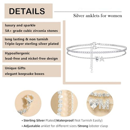 Heart Initial Silver Anklets for Women Waterproof Dainty Silver Plated ankle bracelets for women Large Ankle Women's Anklets Tennis ankle bracelets Non Tarnish Summer Beach Foot Jewelry - style: Silver-A