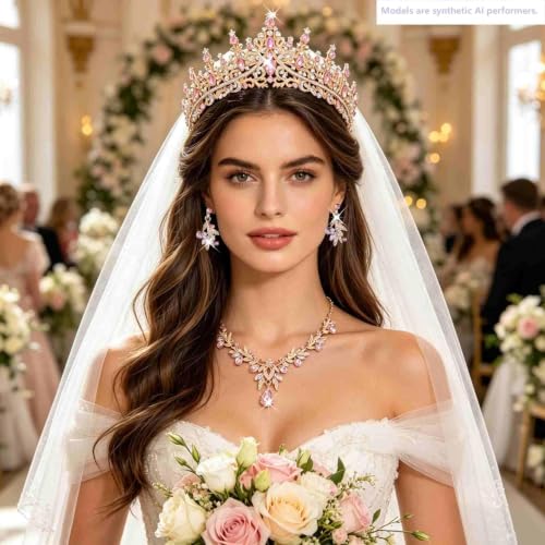 Kamirola Tiaras and Crowns for Women,Tiaras Earrings Necklace, Crystal Bridal Jewelry Set, Costume Jewelry for Women Party Halloween Prom Pageant - color: GOLD PINK