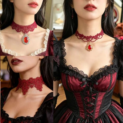 Pink Lace Choker Necklace Set, 10 Pieces - color: Red