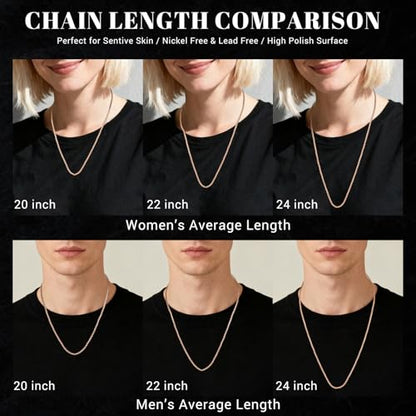 Eusense Stainless Steel Chain Necklace for Men Women Rolo/Wheat/Snake/Box Chain, 2-3MM, 20-24 Inches with Delicate Gift Box - color: Rose Gold-Plated, size: 20+2 Inches Length, style: Rolo Chain-2MM Width