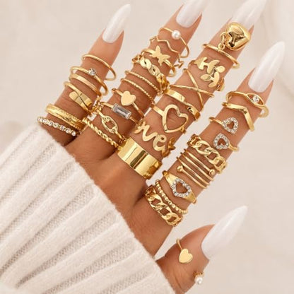 30 Pcs Gold Stackable Rings Set for Women, Cute Finger Midi Rings with Heart Butterfly Designs, Perfect for Stacking Layering on Thumb Knuckle, Mixed Size Gold Plated Statement Rings Pack