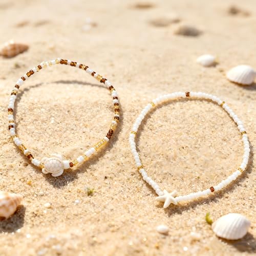 QWALIT 2pcs Boho Anklet Adjustable White Beads Bracelet Anklet for Women Waterproof non Tarnish Sea Turtle Starfish Pendant Beaded Anklets Stackable Plus Size Beach Jewelry Summer Vacation Accessories
