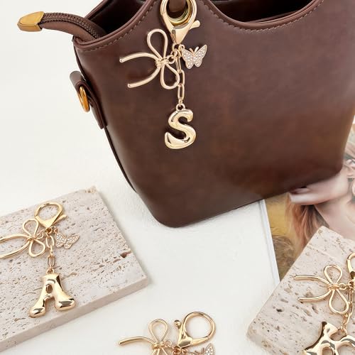 Gold Bubble Heart, Cherry, Bow & More Designs Letter Initial Keychain Bag Charms – Cute Purse Charms for Handbags - color: Bow & Butterfly, style: S