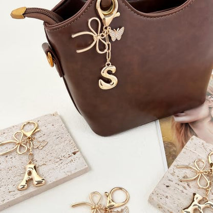 Gold Bubble Heart, Cherry, Bow & More Designs Letter Initial Keychain Bag Charms – Cute Purse Charms for Handbags - color: Bow & Butterfly, style: S
