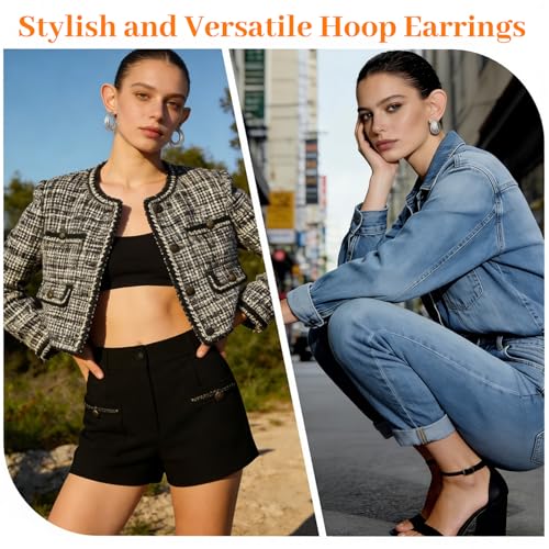 Gold Silver Hoop Earrings Set for Women, 46 Pairs Lightweight Twisted Pearl Heart Chunky Hoops Dangle Drop Earrings, Hypoallergenic Gold Plated Earrings for Daily Birthday Party Gift - color: Silver
