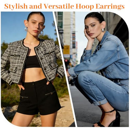 Gold Silver Hoop Earrings Set for Women, 46 Pairs Lightweight Twisted Pearl Heart Chunky Hoops Dangle Drop Earrings, Hypoallergenic Gold Plated Earrings for Daily Birthday Party Gift - color: Silver