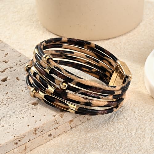 Wrapped Bracelets for Women,Leather Boho Bracelets for Women - color: Leopardprint-Beige