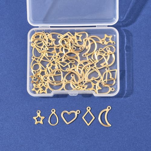8-64Pcs Silver Goldern Color Heart Pendants Charms 10 Styles Heart Stainless Steel Metal Charms for Jewelry Making Crafting Necklaces Bracelets Earrings Keychains Birthday Gift - color: Golden 5 Shapes-60 pcs