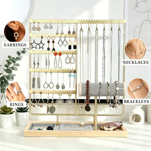 Jewelry Organizer Earring Holder Organizer,6 Tier Jewelry Holder Bracelet Holder Necklace Holder with 6 Hooks,Jewelry Stand for Bracelet, Necklaces, Earrings, Rings, Watches,Gold