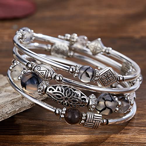BULINLIN Layered Wrap Bangle Turquoise Bracelet - Bead Bracelet with Natural Agate Stone, Gifts For Women - color: 03-Grey leopard
