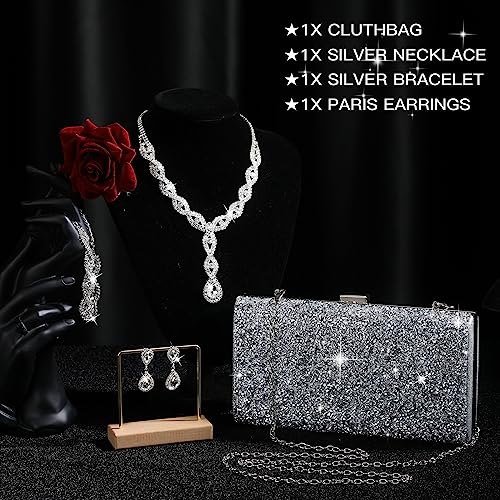 Mixweer 4 Pieces Clutch Purses Bag for Women Evening Rhinestone Jewelry Set Bling Necklace Earrings Bracelets Set for Wedding - style: Exquisite Style