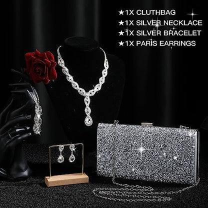 Mixweer 4 Pieces Clutch Purses Bag for Women Evening Rhinestone Jewelry Set Bling Necklace Earrings Bracelets Set for Wedding - style: Exquisite Style
