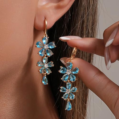 18K Gold Plated Flower Dangle Earrings for Women, Hypoallergenic Cubic Zirconia Earrings, Elegant CZ Drop Earrings, Statement Jewelry Gifts Party Fashion - style: Flower-Blue