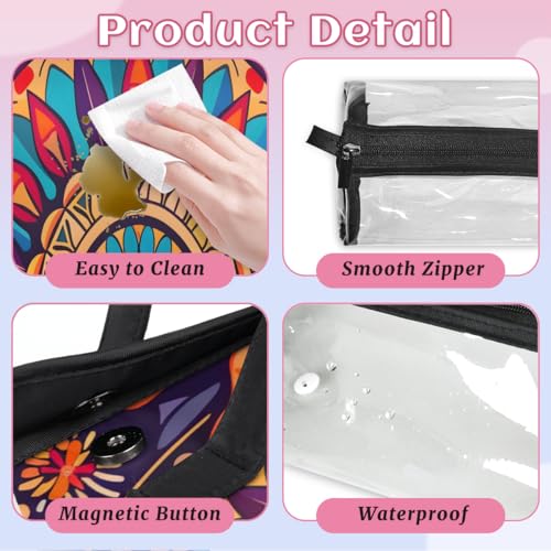 Boho Mandala Flowers Bohemian Hanging Roll Up Cosmetic Bag with 4 Removable Storage Bags Waterproof Foldable Toiletry Kit for Women - color: Multicolor 20