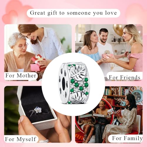 KEQ Clip Spacer Charm for Bracelet 925 Silver Pave Cubic Zirconia Clip Lock Stopper Bead Spacer For Women Bracelets Stopper Birthday Gifts European Openable Beads 2pcs - color: Monstera