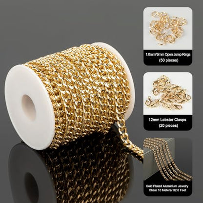 YOUBEIYEE 10 Meters Gold Cuban Link Chain Men and Women Hip Pop Necklace Choker Aluminum Chain for Jewelry Making Jewelry Supplies - color: 6.7x9.4mm-Gold