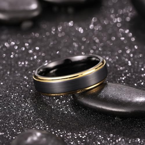 King Will Mens Brushed Wedding Band, Two Tone Matte Step Edges/Pipe Cut, Tungsten Carbide Anniversary Promise Rings Comfort Fit - color: Black&Gold Edge-6mm