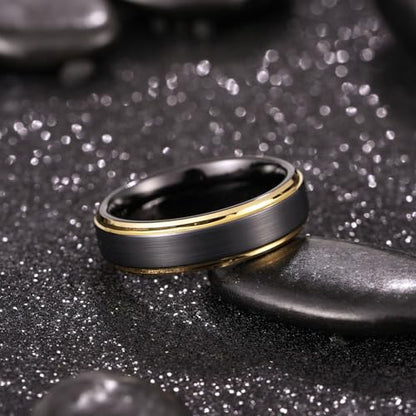 King Will Mens Brushed Wedding Band, Two Tone Matte Step Edges/Pipe Cut, Tungsten Carbide Anniversary Promise Rings Comfort Fit - color: Black&Gold Edge-6mm