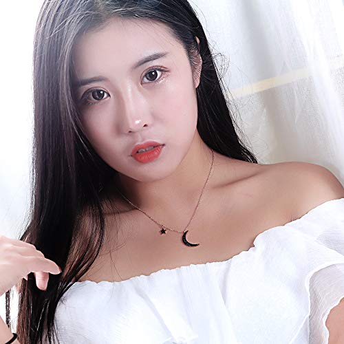 Black Crystal Cubic Zirconia Star Moon Crescent Pendant Necklace for Women | Rose Gold Plated Stainless Steel Crescent Moon Jewelry
