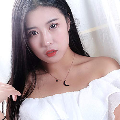 Black Crystal Cubic Zirconia Star Moon Crescent Pendant Necklace for Women | Rose Gold Plated Stainless Steel Crescent Moon Jewelry