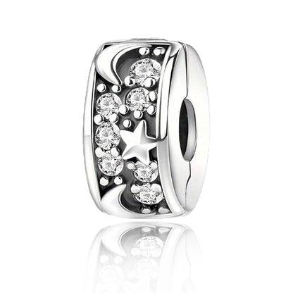925 Sterling Silver Openable Clip Spacer Bead Fits Pandora Bracelet | Hypoallergenic Clip Stopper Charm, Star Clover Butterfly Floral Mom Heart Paved Zircon Gift for DIY Charm Bracelet Jewelry - color: Moon Star