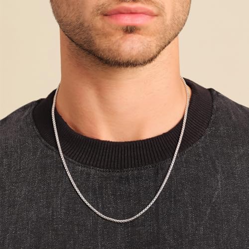 Gold Silver Necklace Chain With Adjustable Lobster Clasp, Diamond Cut Geometric Gold Beads Stationed on Dainty 2mm Cable Box Chain, 16 Inches Rolo Oval Figaro Link Singapore Chain. - color: Silver05