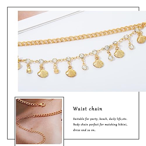 Florry Rhinestone Belly Chain Sequin Waist Chain Bikini Body Jewelry Chains Beach Belly Chain for the Waist Tassel Layered 18K Gold Body Chains for Women - color: Shell