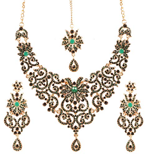 Touchstone Indian Jewelry Sets for Women Bollywood Wedding Bridal Necklace desi Earrings Formal Fancy Rhinestone India Designer Jewellery Punjabi Tikka Set in Antique Gold or Silver or White Tone - color: Green in Gold