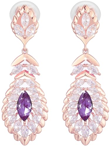 Clip On Crystal Dangle Non Pierced Earrings for Women 14K Gold Plated Jewelry - color: Feb-Amethyst-Rose Gold