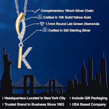Gem Stone King Initial Pendant Necklace Letter A to Z Alphabet | 10K Yellow Gold and 925 Sterling Silver | White Lab Grown Diamond | Gift Women Mother's Day Wife Mom Girlfriend Anniversary Birthday | - style: Initial K