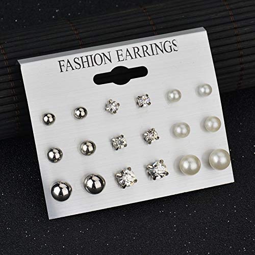 CZ Stud Pearl Earrings for Women Girls Hypoallergenic Earring Set Ear Studs Jewelry for Birthday Christmas Party Gifts Silver 9 Pairs - color: Silver