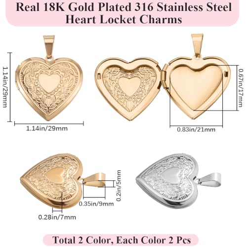 Beebeecraft 1 Box 4Pcs Locket Heart Charms 18K Gold Plated 316 Stainless Steel Ribbon Heart Photo Frame Pendants Charms for Jewelry Making DIY (Gold, Silver)
