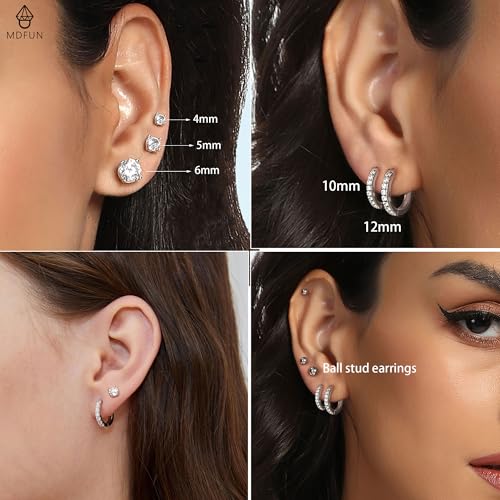 White Gold Earrings for Women Men Hoop and Stud Earring Set | Hypoallergenic 14K White Gold Plated Hoops Huggie Stud Earrings Set Round Cubic Zirconia Ear Jewelry - style: A1-White Gold-Hoop&Round Stud (5 Pairs)