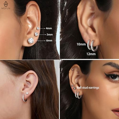 White Gold Earrings for Women Men Hoop and Stud Earring Set | Hypoallergenic 14K White Gold Plated Hoops Huggie Stud Earrings Set Round Cubic Zirconia Ear Jewelry - style: A1-White Gold-Hoop&Round Stud (5 Pairs)