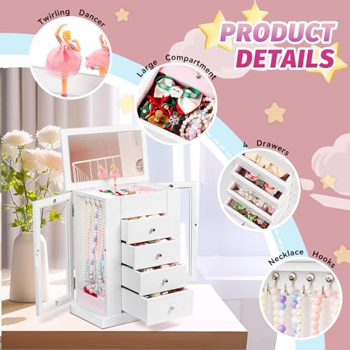 Emfogo Jewelry Box for Girls, Musical Jewelry Box with Spinning Dancer Gifts for Little Girls Christmas New Year Birthday Children's Day, 5 Layer Large Wooden Kids Music Jewelry Organizer Box(White) - color: White
