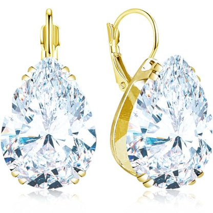 14K Gold Teardrop Crystal Leverback Earrings Sparkly Rhinestone Water Droplet Dangle Drop Earrings For Women - color: White