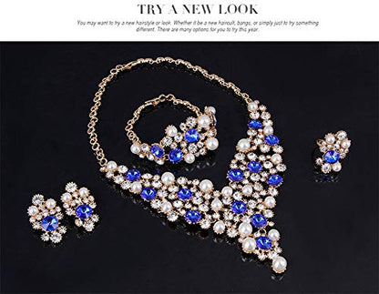 Womens Luxury Africa Dubai 18k Gold Plated Jewelry Sets Wedding Rhinestone Crystal Bib Statement Necklace Earrings Set for Brides Party Prom - color: Luxurious Pearl Crystal Jewelry Set
