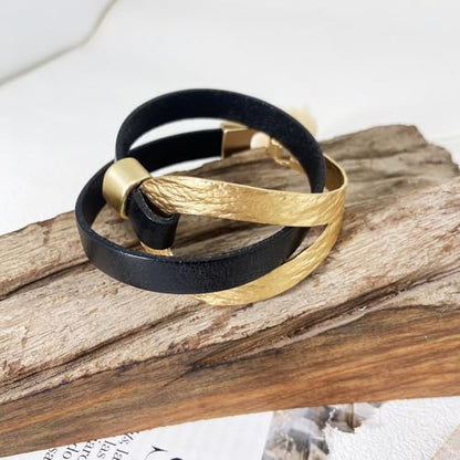 Bracelets for Women Leather Bracelet Multi-Layer Rope Wrap Bangle 14k Gold Plated Cirle Hollow Tube Boho Cuff Bangle Bracelets for Women Gift - style: Loop-Double Wrap(gold)