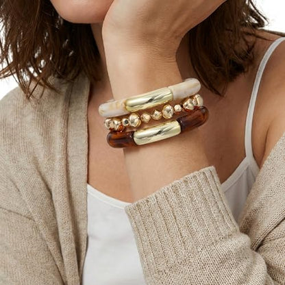 GOOJIDS Simple Beaded Gold Plated Bangles Bracelet Chunky Bamboo Tube Curved Stacking Clear Acrylic Colorful Beads Stretchable Gold Plated Bracelets Set For Women - color: T-Gold&Brown Set