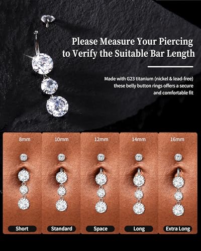 G23 Titanium Dangle Belly Button Rings for Women Sparkling CZ Navel Rings 14G Internally Threaded Belly Piercing Jewelry Teardrop Dangling Belly Rings Gold/Silver - color: Silver, size: 10MM
