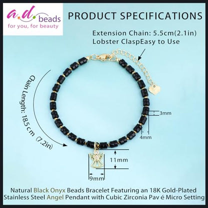 Natural Gemstone Healing Crystal Dainty Charms Bracelet Adjustable Chain Extender Minimalist Jewelry - color: Black Onyx + Angel