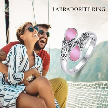 Ring for Women Sterling Silver Adjustable Band Open Rings Jewelry Gifts for Girls - style: pink opal