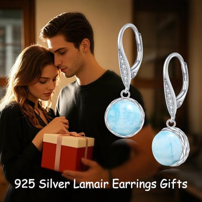 925 Sterling Silver 8mm Pearl Dangle Drop Earrings Moonstone Larimar Opal Rose Quartz Black Pearl Leverback Earrings for Women Christmas Gifts for Her - style: Larimar Earrings