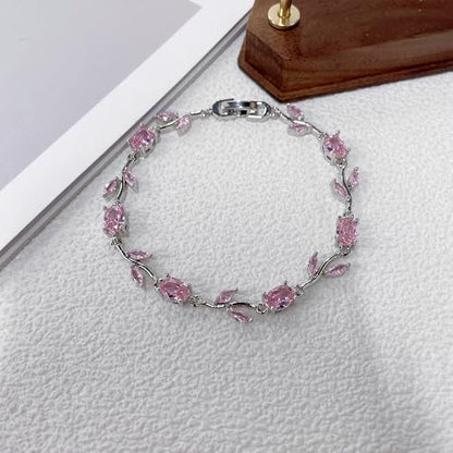 Dainty Crystal Flower Leaf Bracelet for Women Gold-Tone/Silver Plated Sparkling Oval Cz Cubic Zirconia Floral Tennis Bracelets Sweet Fine Bridal Wedding Party Prom Fashion Jewelry 7.28inch - color: Silver